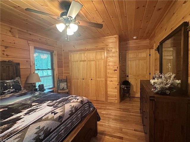 45 Wedgewood Ridge Ln, Fancy Gap, VA 24328 - bedroom featuring wooden ceiling, wooden walls, wood finished floors, ceiling fan, and a closet