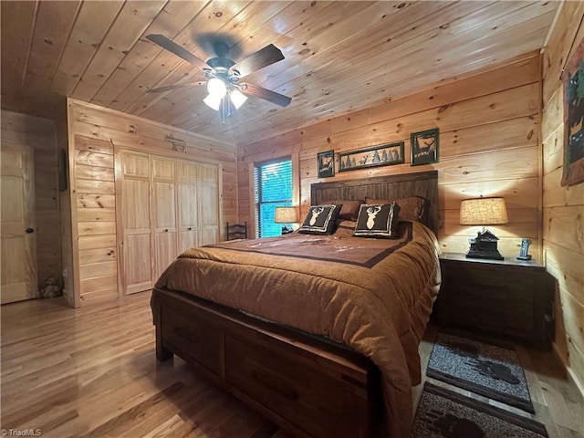 45 Wedgewood Ridge Ln, Fancy Gap, VA 24328 - bedroom featuring wooden walls, wood finished floors, wooden ceiling, and ceiling fan