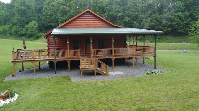 45 Wedgewood Ridge Ln, Fancy Gap, VA 24328 - log home featuring log exterior, a wooded view, a front yard, and stairs