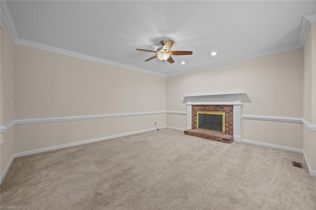1400 Covered Wagon Rd, Mcleansville, NC 27301 - unfurnished living room featuring ceiling fan, baseboards, carpet floors, a brick fireplace, and ornamental molding