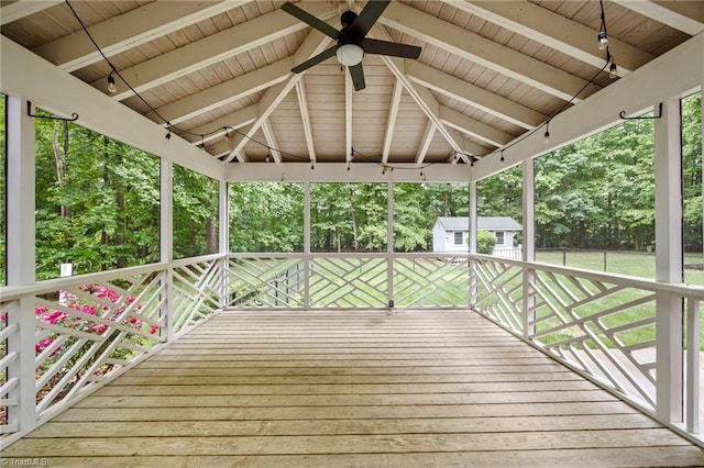 1400 Covered Wagon Rd, Mcleansville, NC 27301 - wooden deck with ceiling fan, a gazebo, an outbuilding, a shed, and view of scattered trees
