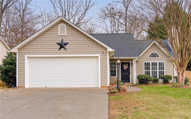 single story home with a shingled roof, concrete driveway, a garage, and a front yard