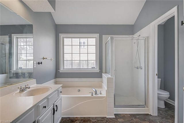 bathroom with vanity, lofted ceiling, toilet, a shower stall, and a bath