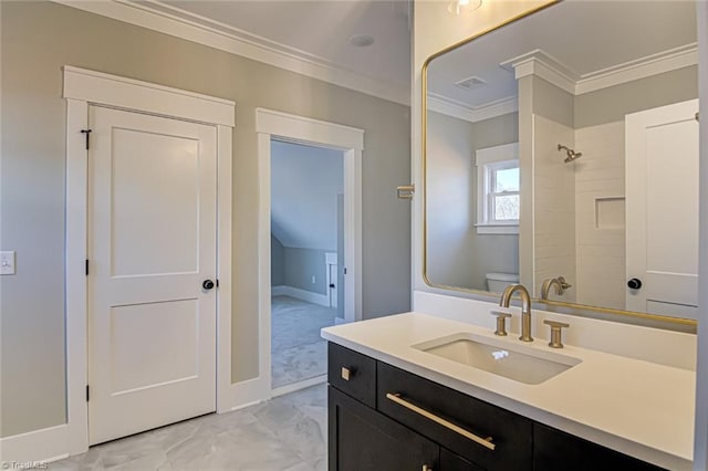 full bathroom featuring a shower, visible vents, toilet, ornamental molding, and vanity