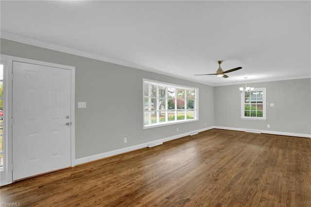 interior space with crown molding, wood-type flooring, and ceiling fan with notable chandelier