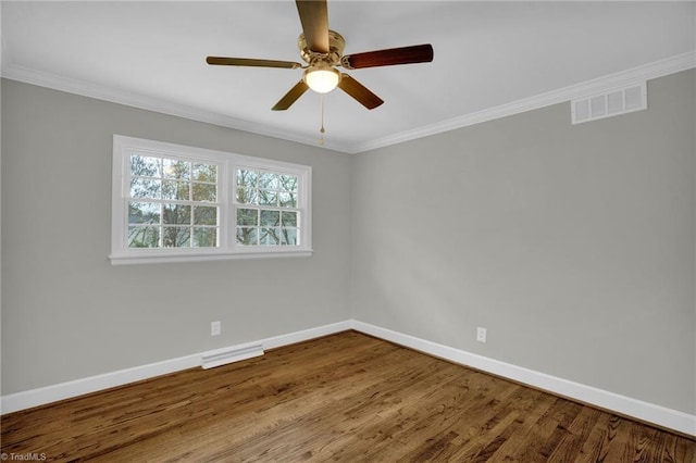 unfurnished room featuring hardwood / wood-style flooring, ceiling fan, and ornamental molding