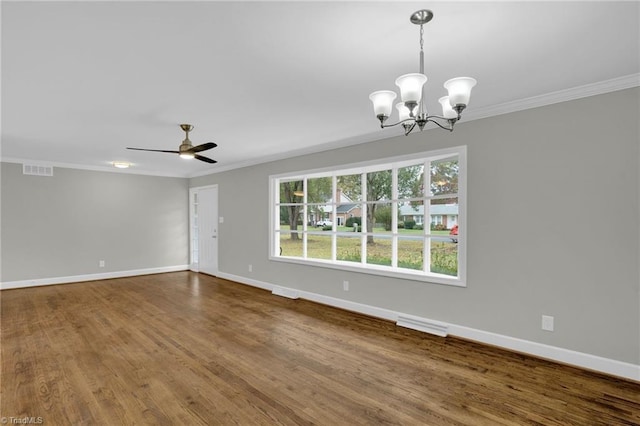 empty room featuring hardwood / wood-style flooring, crown molding, and ceiling fan with notable chandelier