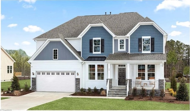 view of front of house featuring a front yard, a garage, and covered porch