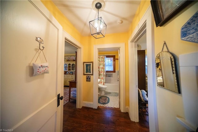 hallway featuring dark hardwood / wood-style floors and a chandelier