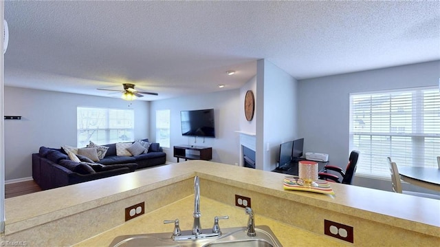 kitchen featuring sink, a textured ceiling, and ceiling fan