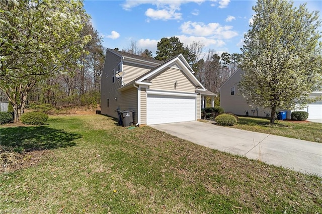 view of property exterior with driveway, a garage, and a lawn