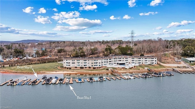 bird's eye view with a water view