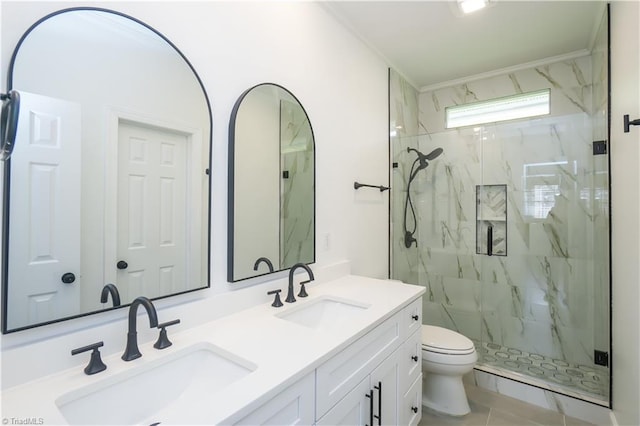 143 Wellesborough Rd, Winston-Salem, NC 27104 - full bathroom featuring a sink, toilet, a marble finish shower, and double vanity