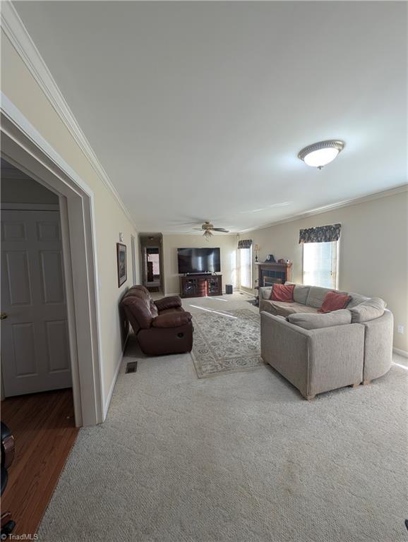 carpeted living room featuring ceiling fan and ornamental molding