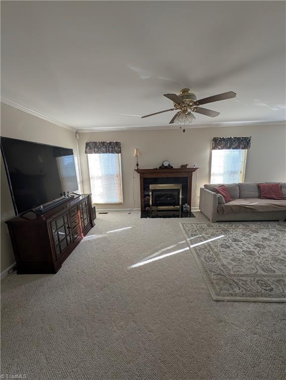 carpeted living room with ceiling fan, crown molding, and plenty of natural light