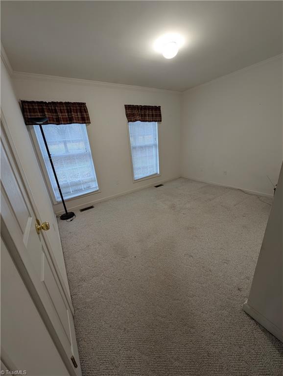 carpeted spare room featuring crown molding