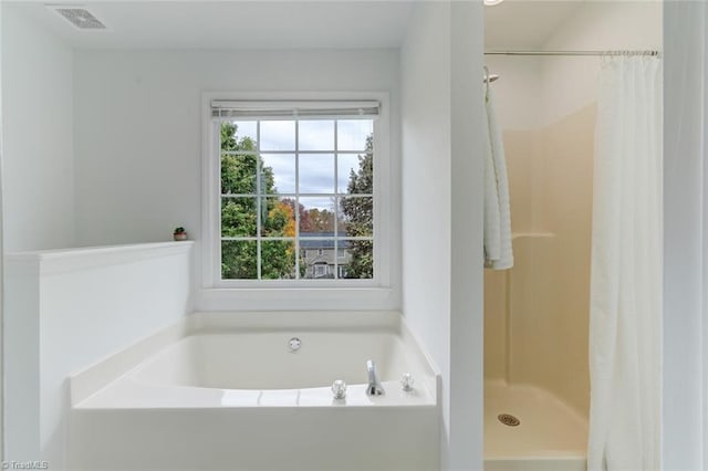 bathroom featuring separate shower and tub