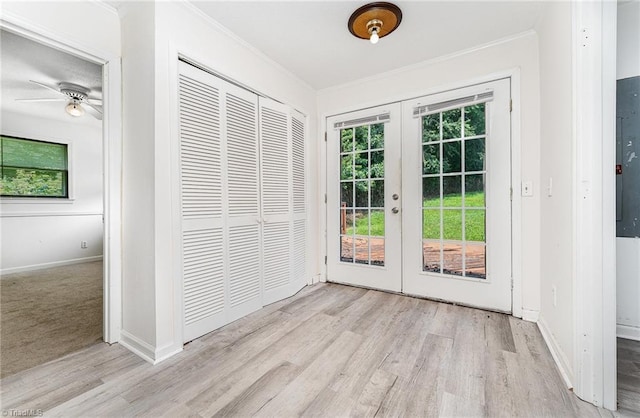 214 Whispering Creek Rd, King, NC 27021 - entryway featuring french doors, crown molding, wood finished floors, and a ceiling fan