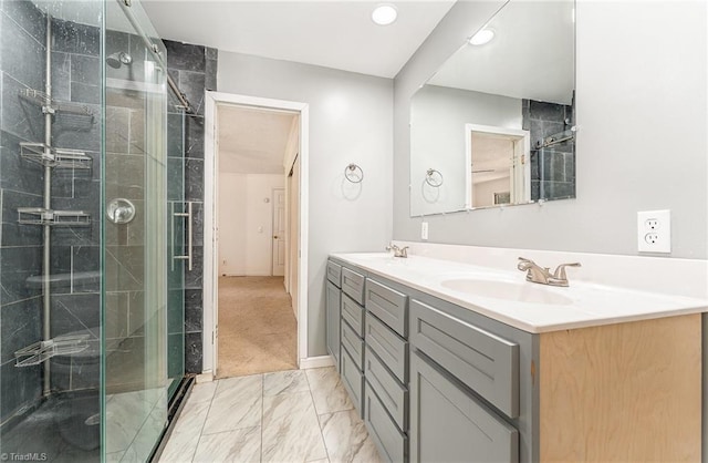 214 Whispering Creek Rd, King, NC 27021 - bathroom with marble look tiles, double vanity, a stall shower, and recessed lighting