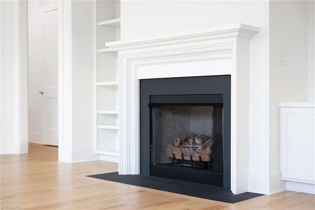 details featuring hardwood / wood-style flooring and built in shelves