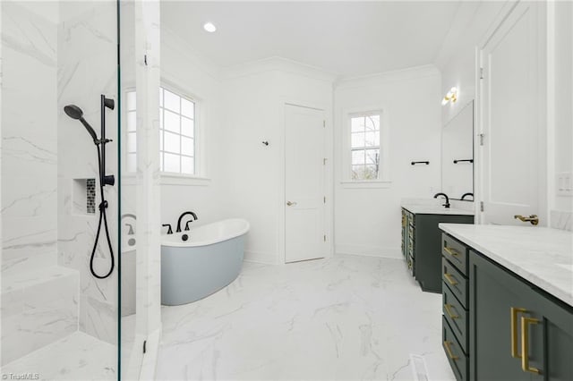 bathroom featuring independent shower and bath, ornamental molding, and a wealth of natural light