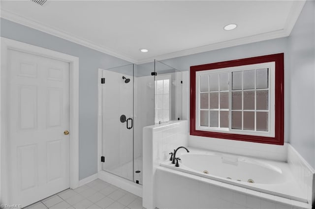 full bathroom with a tub with jets, a shower stall, ornamental molding, tile patterned flooring, and recessed lighting