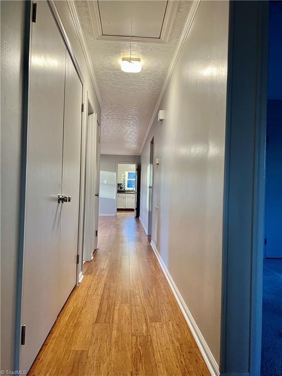 hallway with crown molding, light hardwood / wood-style floors, and a textured ceiling