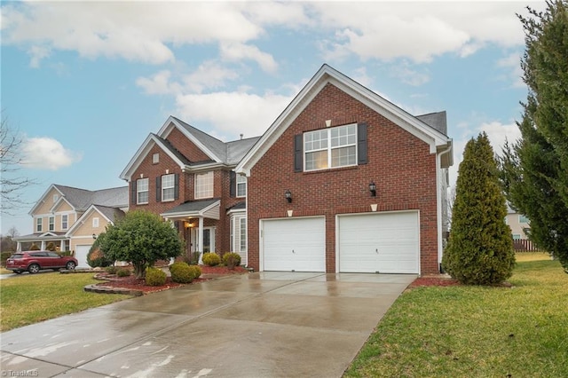 traditional-style home featuring an attached garage, a front lawn, concrete driveway, and brick siding