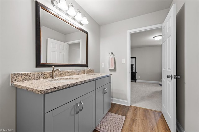 bathroom with baseboards, wood finished floors, a sink, and double vanity