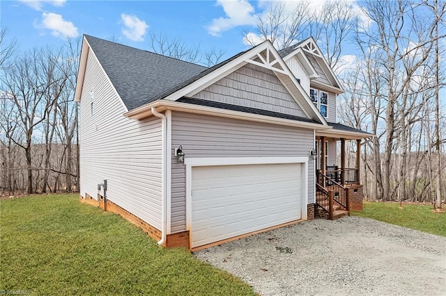 view of property exterior with driveway, a shingled roof, a porch, a yard, and a garage