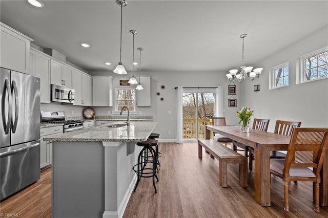 kitchen with a wealth of natural light, appliances with stainless steel finishes, wood finished floors, and a sink