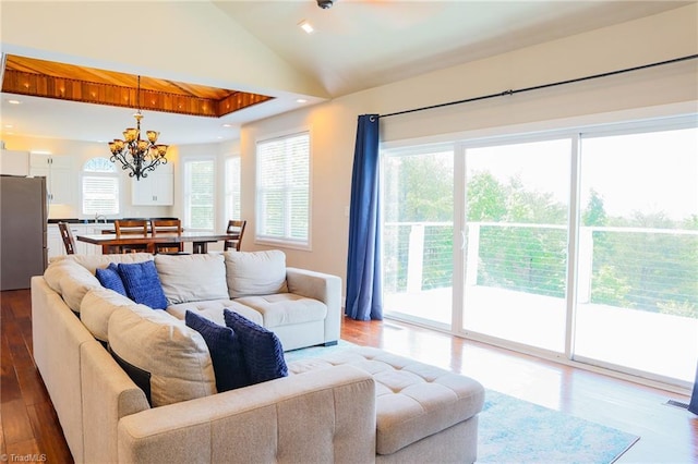 7768 Pinecone Ln, Hickory, NC 28602 - living room with a chandelier, wood finished floors, lofted ceiling, and recessed lighting