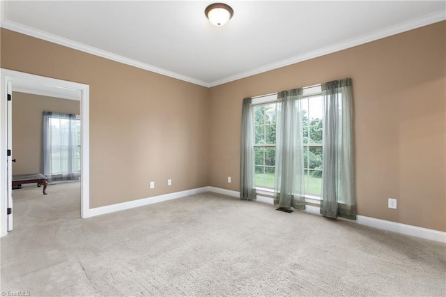 spare room featuring crown molding and light carpet