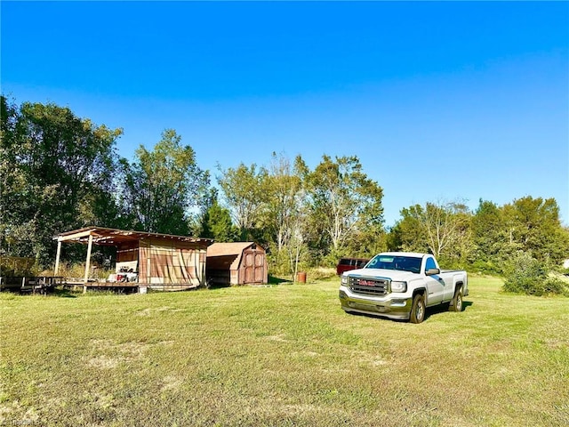 view of yard with a shed