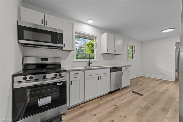 kitchen with stainless steel appliances, a sink, white cabinets, light wood finished floors, and baseboards