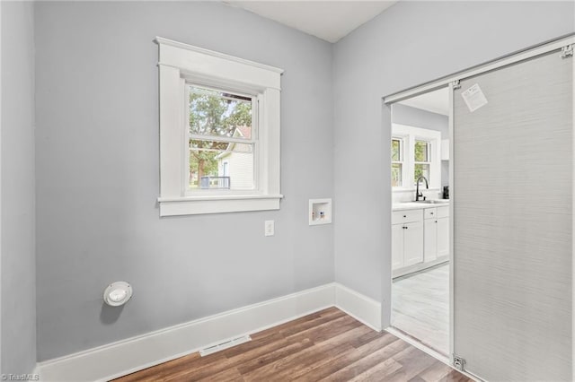 laundry area with hookup for a washing machine, sink, light hardwood / wood-style flooring, and a wealth of natural light