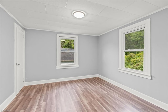 unfurnished room with light wood-type flooring, a healthy amount of sunlight, and ornamental molding