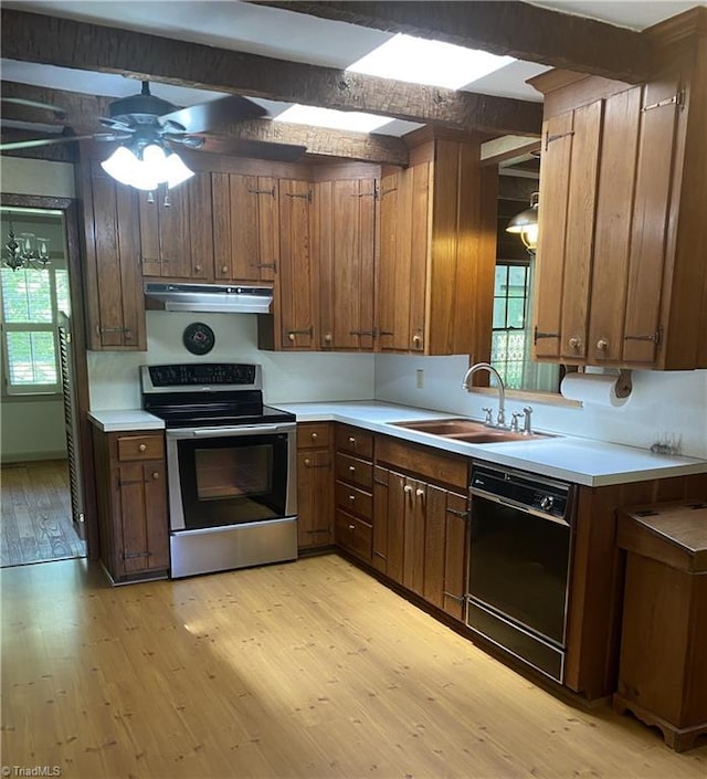 1229 Woodbrook Dr, Kernersville, NC 27284 - kitchen featuring stainless steel electric range, under cabinet range hood, a sink, dishwasher, and light wood-style floors