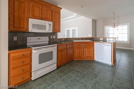 kitchen featuring a peninsula, white appliances, a sink, backsplash, and brown cabinets