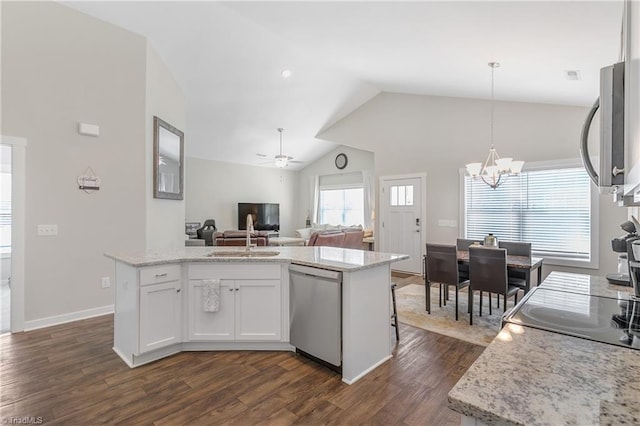 kitchen with white cabinetry, a sink, dark wood-type flooring, dishwasher, and open floor plan