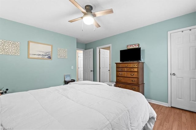 bedroom featuring ceiling fan and light hardwood / wood-style floors