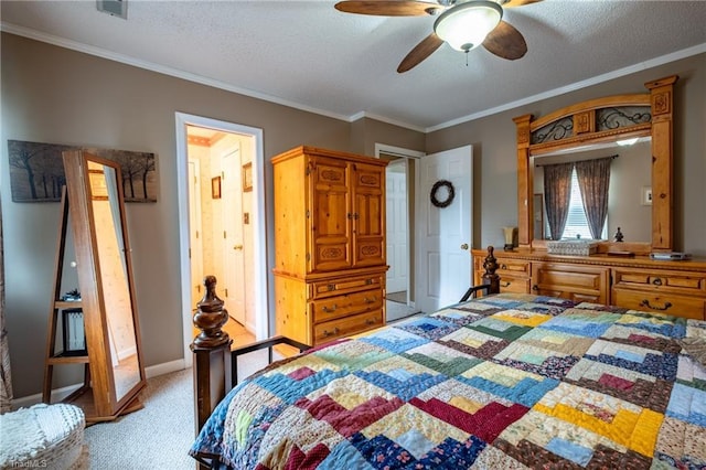bedroom featuring a textured ceiling, a ceiling fan, ornamental molding, and light carpet