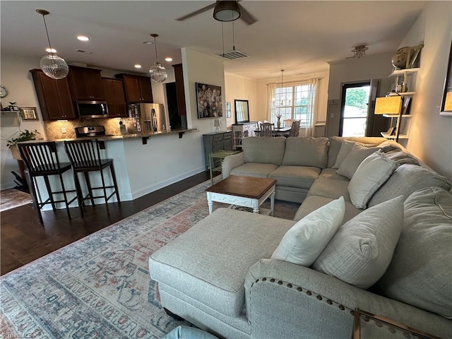 107 Saddlebrook Dr, Advance, NC 27006 - living room featuring dark wood-type flooring, ceiling fan, and recessed lighting