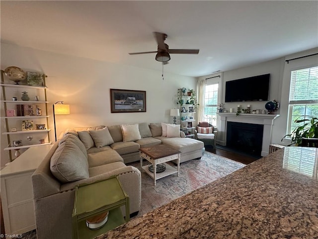 107 Saddlebrook Dr, Advance, NC 27006 - living room featuring wood finished floors, plenty of natural light, ceiling fan, and a fireplace with flush hearth