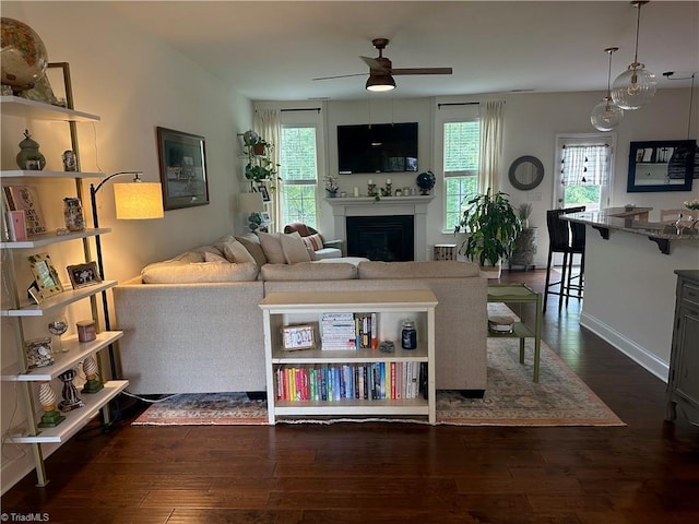 107 Saddlebrook Dr, Advance, NC 27006 - living room featuring ceiling fan, a fireplace, and dark wood-style floors