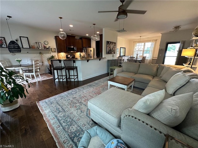 107 Saddlebrook Dr, Advance, NC 27006 - living room featuring a ceiling fan, dark wood-style floors, and recessed lighting