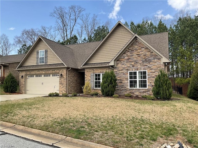 craftsman house featuring stone siding, roof with shingles, concrete driveway, and a front lawn