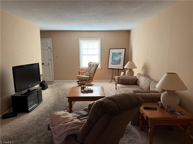 living room featuring carpet flooring and a textured ceiling