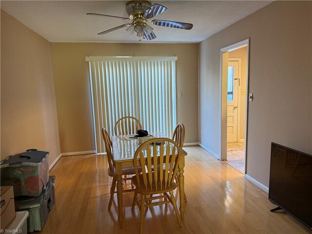 dining space featuring ceiling fan and light hardwood / wood-style floors