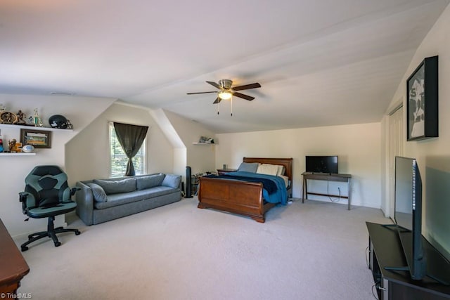 121 Walter Hagen Dr, Mebane, NC 27302 - bedroom featuring light colored carpet, lofted ceiling, and a ceiling fan
